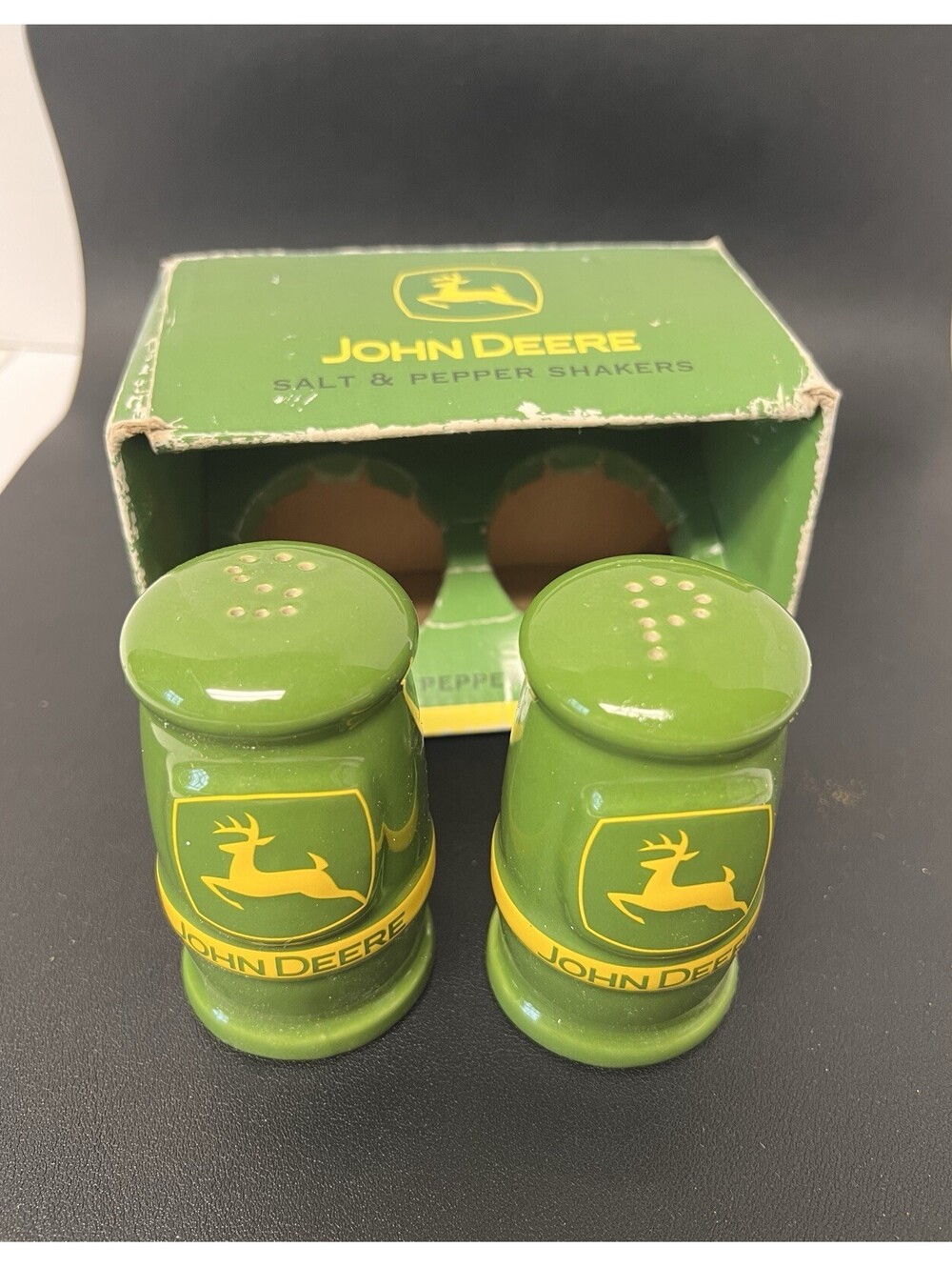 John Deere Green Ceramic Embossed Salt and Pepper Set Porcelain Kitchen